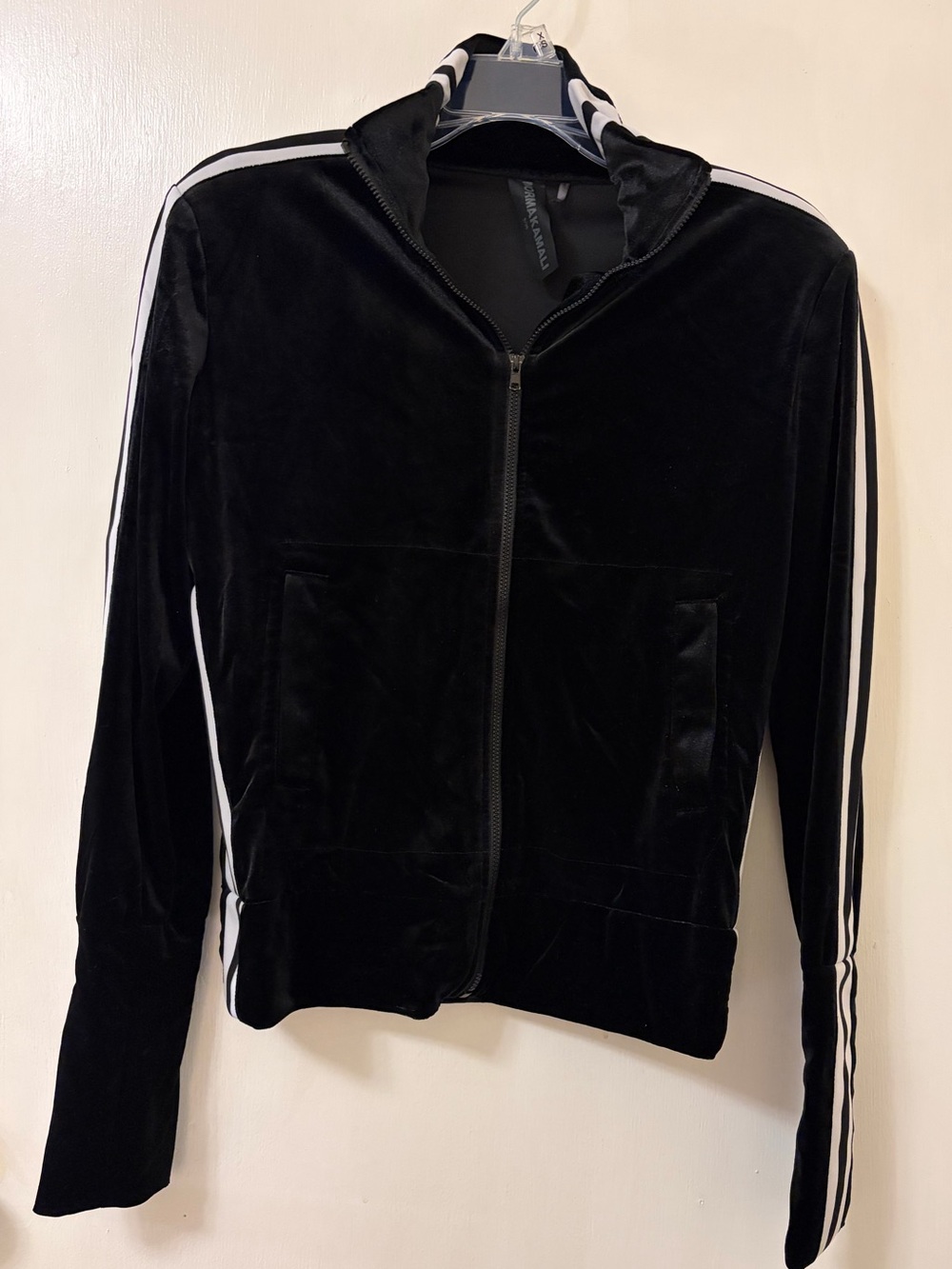 Norma Kamali Black Velvet Zip-Up Jacket with White Stripes